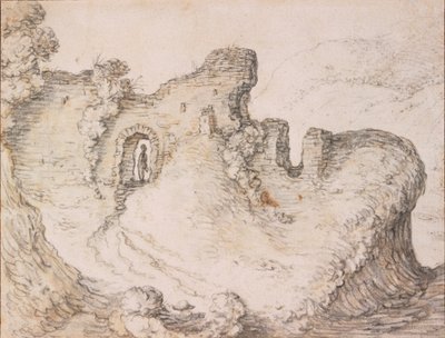 廃墟のある岩だらけの風景、男の顔の輪郭を形作る 作： Herman Saftleven