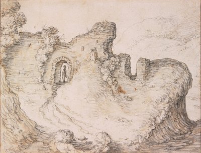 廃墟のある岩だらけの風景、マンの顔の輪郭を形成するc。 1650 作： Herman Saftleven