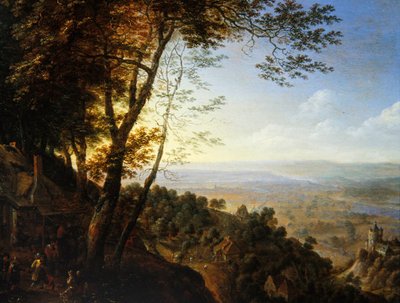 コテージのそばに農民がいる森の風景（油彩・パネル） 作： Herman the Younger Saftleven