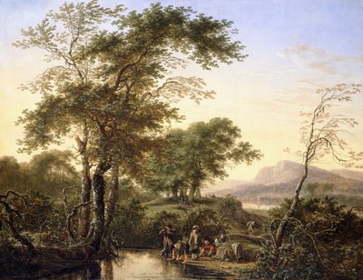 1646年にプールサイドで旅行者がいるイタリアンリバーの広大な風景 作： Herman the Younger Saftleven