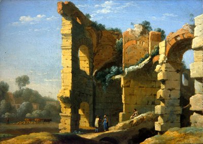 会話する人物がいるイタリア風の風景（油彩・キャンバス） 作： Herman van Swanevelt