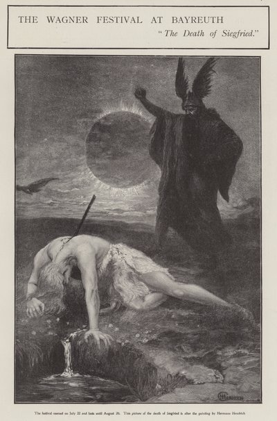 バイロイトのワーグナー・フェスティバル：「ジークフリートの死」（リトグラフ 作： Hermann (after) Hendrich