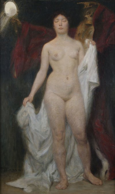 ヴァニタスの伝説としての死を持つ女性のヌード 作： Hermann Behrens