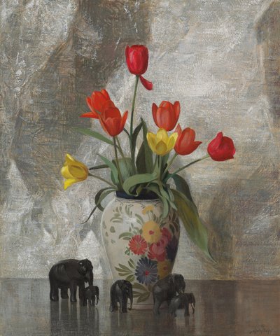 象とチューリップ（キャンバスに油彩） 作： Hermann Dudley Murphy
