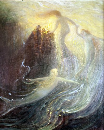 1869年に制作されたリヒャルト・ワーグナーのオペラ「ラインの女たち」のセット：ヘルマン・ヘンドリヒの絵画。バイロイトのワーグナー博物館。 作： Hermann Hendrich