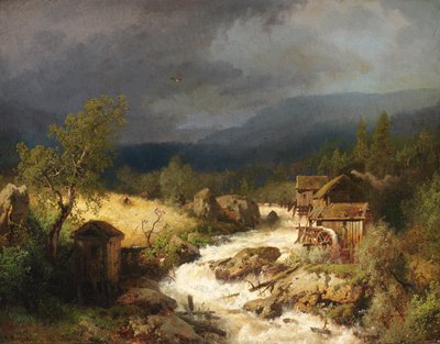 1871 年、急流の水車小屋。 作： Hermann Herzog