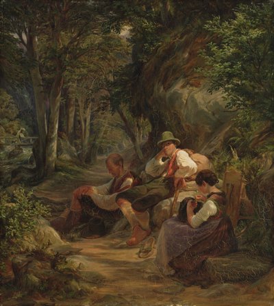 高山の道で休む3人の上部バイエルン、1841年 作： Hermann Kauffmann
