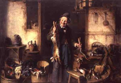 うさぎを持った男のいる台所のインテリア（油彩・パネル 作： Hermann Kern