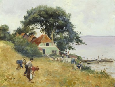 湖で拾う子供たち、1900-10年頃（パネルに油彩） 作： Hermann Seeger
