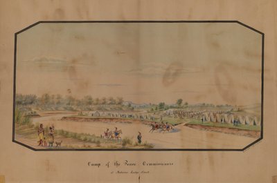 1867 年、メディスン ロッジ クリークの平和委員会のキャンプ。 作： Hermann Stieffel