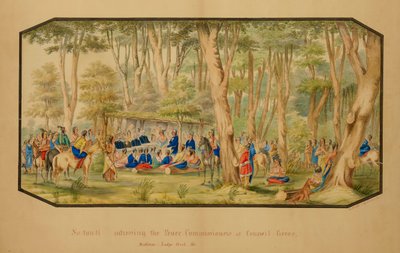 1867 年、メディスン ロッジ クリークのカウンシル グローブで平和委員会に演説するサタンティ。 作： Hermann Stieffel