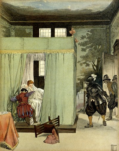 1572年8月24日のサン・バルテルミー(Saint-Barthelemy)の日に、マルゴット王妃として知られるフランスのマルグリット・ド・ヴァロワ王妃(1553-1615)のベッドに避難したプロテスタントの紳士がいる。ヘルマン・フォーゲル（1856-1918）による "Henri IV "のイラスト 作： Hermann Vogel