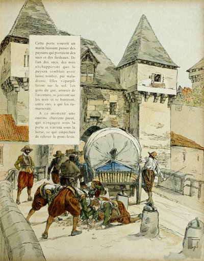 アミアンは驚きます。スペイン人は、1597年3月11日、カートでハローをブロックすることにより、アミアンの街を占領するためのトリックを使用しました。イラスト、1907年、ヘルマン・フォーゲル作 作： Hermann Vogel