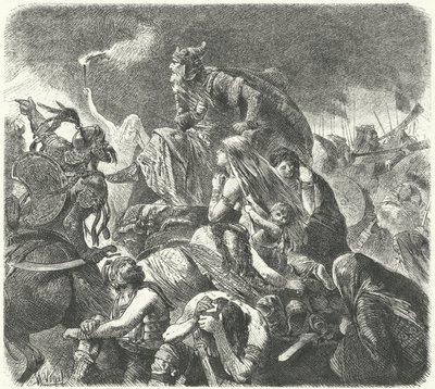 シャロンの戦いでの西ゴート族の決定的な攻撃後のアッティラザフン、451 作： Hermann Vogel