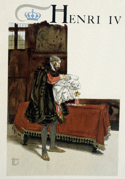 アンリ4世（1553-1610）の誕生。祖父（アンリ・ダルブレットまたはナバラのアンリ2世（1517-1555））は新しいネを抱きかかえ、ニンニクのクローブを唇に塗っている。ヘルマン・フォーゲル（1856-1918）による "Henri IV "のイラスト 作： Hermann Vogel