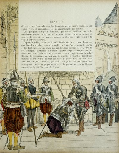 コス・ブリサック（Cosse-Brissac）のシャルル2世（1562年〜1621年または1626年）は、1594年3月22日にパリに入る前に、アンリ4世（1553年〜1610年）によってフランスの牧童となった。傍らに立つ商人の前任者ジャン・リュイリエ（？）が街の鍵を持っている。イラスト 1907 作： Hermann Vogel