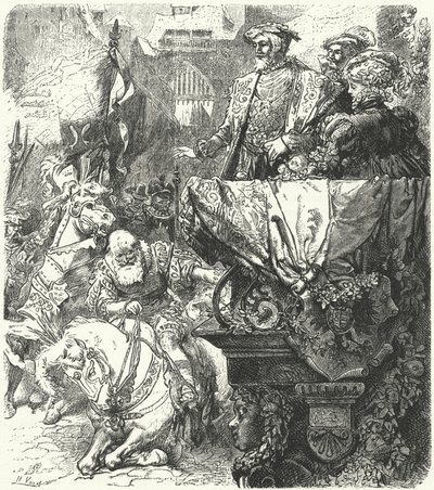 ウッテンベルクのウルリッヒ公爵は神聖ローマ皇帝チャールズ5世、1548年の前に身を屈める 作： Hermann Vogel