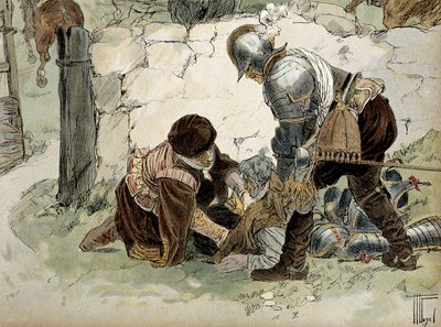 アンリ4世（1553-1610）は、マイエンヌ軍に対するオーマルでの偵察中に負傷した。ヘルマン・フォーゲル（1856-1918）による "Henri IV "のイラスト 作： Hermann Vogel
