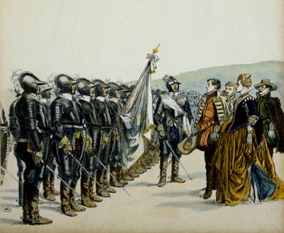 プロテスタント軍の前に立つアルブレのジョアンまたはアルブレのジョアン3世（1528-1572）とその息子アンリ4世（1553-1610）。ヘルマン・フォーゲル（1856-1918）による "Henri IV "のイラスト 作： Hermann Vogel