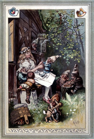 Kinder und hausmarchen (Tales of childhood and the home) (1812): グリム兄弟の寓話集。1894年にHermann Vogelが描いた「白雪姫と7人の小人たち」の表紙。 作： Hermann Vogel