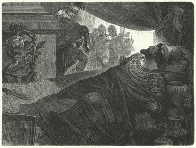 ポントゥスのミトリダーテスVIは、紀元前63年に毒物を摂取して自殺を図ろうとしている 作： Hermann Vogel