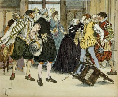 1594年12月27日、ジャン・シャテル（1575-1594）がヘンリー4世（1553-1610）を暗殺するために、王室謁見中のガブリエル・デストリー（1570年から1573-1599年の間に生まれた）のホテルに侵入した際の攻撃。イラスト 作： Hermann Vogel