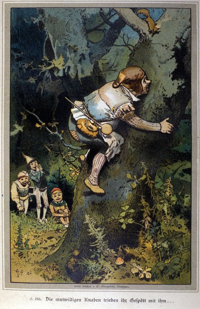大胆な少年は皆の笑いものになった。ヤコブ・グリム（1785-1863）とウィルヘルム・グリム（1786-1859）兄弟の物語。フォーゲルのイラスト。 作： Hermann Vogel