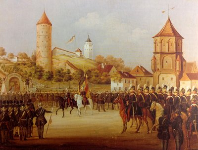 ヘルマン・フォルツ 1849年、リードリンガー・トールでのビーベラッハ民兵のパレード 作： ヘルマン・ヴォルツ