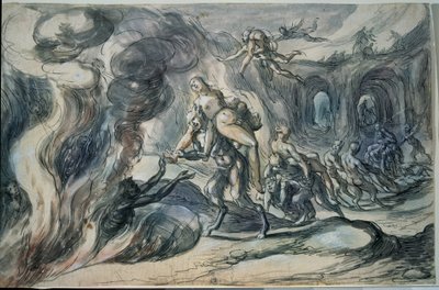 冥界のエウリュディケ（地獄のエウリュディケー）。 Hermann Weyer (1596-1621 年頃) による絵画。 紙に水彩、インク、20.9 x 32.2 cm 作： Hermann Weyer