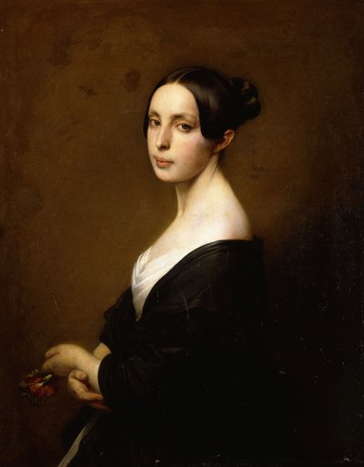 黒のドレスを身に着け、カーネーションを抱いたハーフレングスの女性の肖像画、 作： Hermann Winterhalter