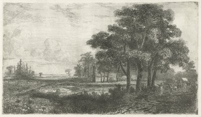 幌馬車のある木々が生い茂る風景 作： Hermanus Jan Hendrik van Rijkelijkhuysen