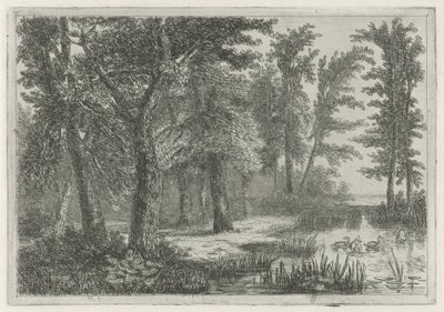 アヒルのいる池のある森の景色 作： Hermanus Jan Hendrik van Rijkelijkhuysen