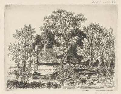 はしけとアヒルのいる川の景色 作： Hermanus Jan Hendrik van Rijkelijkhuysen