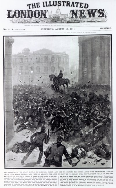 1911年8月19日、「The Illustrated London News」の表紙、リバプールの一般輸送ストライキでの戦闘（印刷） 作： Hermanus Willem Koekkoek