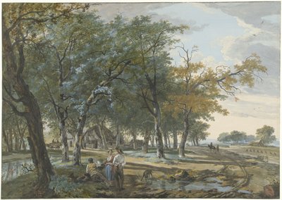 木々の間の家と野原に沿った道のある風景 作： Hermanus van Brussel