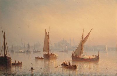 ボスポラス海峡の船、向こうのハギア ソフィア モスク (パネルに油彩) 作： Herminie or Henriette (fl.1849 53) Gudin