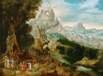 Paysage avec Saint Jean Baptiste prechant（洗礼者聖ヨハネのいる風景）』Herri met de Bles（Henri Bles）（1510-1550）作。木に油彩、約1535-1540年。サイズ：29x39 cmヴィエンヌの美術史博物館 作： Herri met de (c.1510 p.1550) Bles