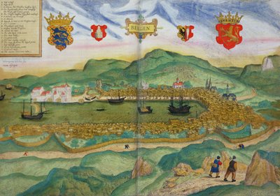 Georg Brau（1541-1622）およびFranz Hogenberg（1535-90）c.1571-1600による「World」からのベルゲンの地図 作： Hieronymous Scholeus