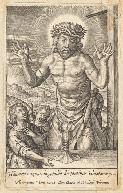 1619 年以前、2 人の天使によって崇められた贖い主の血。 作： Hieronymous Wierix