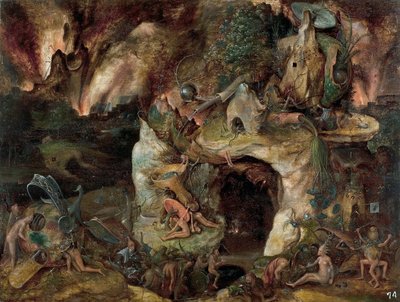 "Paysage des enfers" (地獄の風景) 1561年頃のJerome Boschの学校の絵 Dim 49x64 cm Museo del Prado, Madrid 作： Hieronymus (school of) Bosch