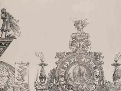 右のポータルの頂点、および中央ポータルのトランペッターと標準、フランス、1515 年。 作： Hieronymus Andreae