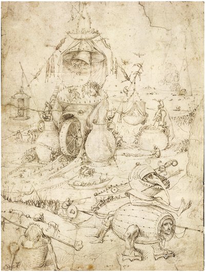 地獄の風景」（ボッシュ、ヒエロニムス（1450年頃～1516年））。紙にペン、茶色の墨、1500年頃、個人蔵 作： Hieronymus Bosch