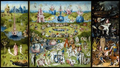 "The Garden of earthly delights" 左パネル：アダムとイブの創造。中央パネル：フルーツを楽しむ恋人たち右パネル：地獄ジェローム・ボッシュ（1450-1516）で知られるヒエロニムス・ヴァン・エーケン（アーケン）のトリプティック作品。 作： Hieronymus Bosch