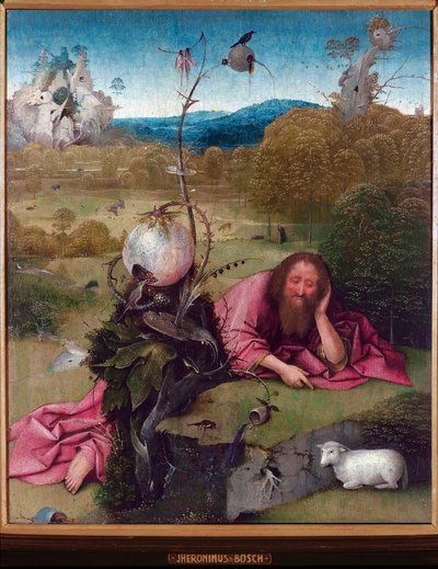 砂漠の洗礼者聖ヨハネ - ジェロニマス・ヴァン・アーケンによる絵画、このジェローム（ヒエロニムス）・ボッシュ（約1450 -1516）、木に油彩、48,5x40 cm、1489年頃 - マドリッド、ラザロ・ガルディアーノ美術館 作： Hieronymus Bosch
