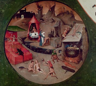 七つの大罪と四つの最後のものの卓上、地獄の詳細、1480年頃（パネルに油絵 作： Hieronymus Bosch