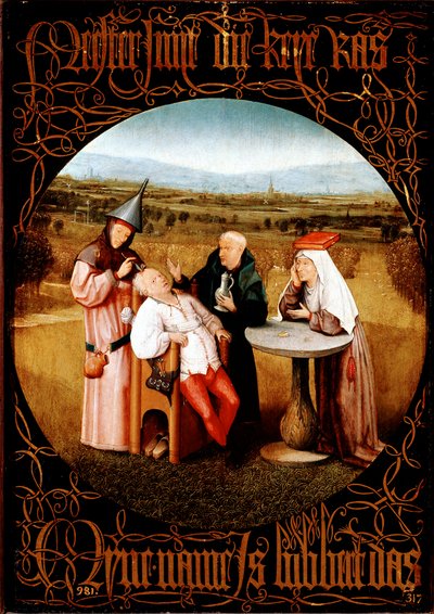 狂気の石の抽出（石を切る、または、愚行の治療） - 絵画 作： Hieronymus Bosch