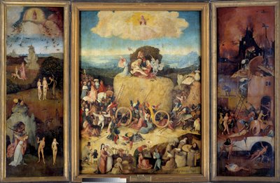 ヘイカートは、過去、現在、未来の寓意。左のパネルは、アダムとイヴの創造、原罪、アダムとイヴが地上の楽園から狩りに出る様子を表しています。中央には、群衆の騒動と、その中にいる男たちの姿が描かれています。 作： Hieronymus Bosch