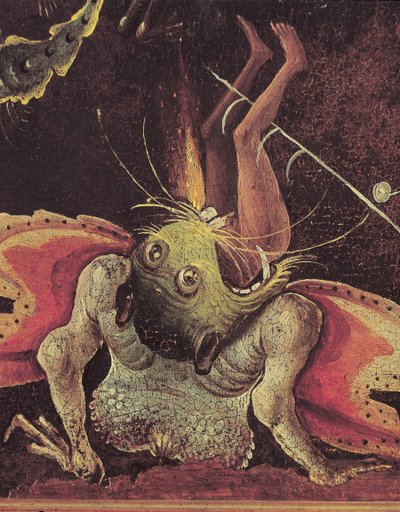 最後の審判、モンスターに食べられている男の詳細、1504年頃（パネルに油彩） 作： Hieronymus Bosch