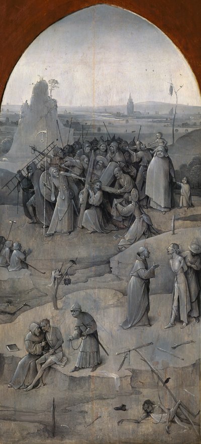 聖アンソニーの誘惑。トリプティク、裏面。十字架を背負うキリスト、1500-1501年。 作： Hieronymus Bosch