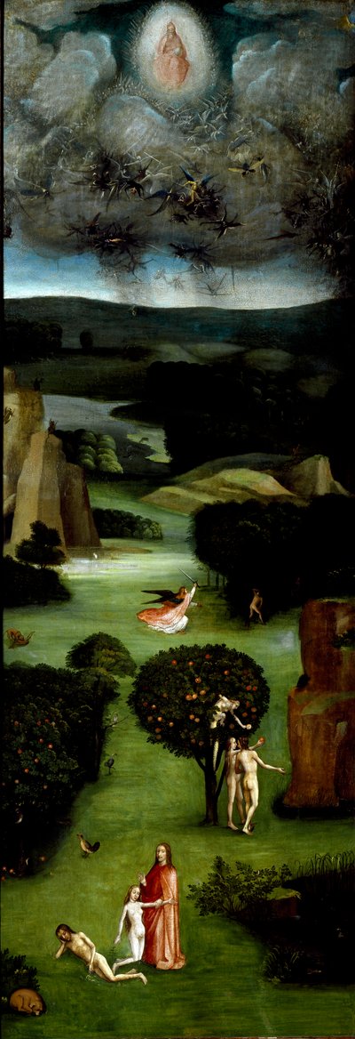 最後の審判のトリプティック（Das Weltgerichts-Triptychon）：左パネルは楽園のアダムとイヴを表しています。下から上に向かって、イヴの創造（誕生）、アダムとイヴの誘惑（原罪）、エデンの園からの追放が描かれています。上から 作： Hieronymus Bosch